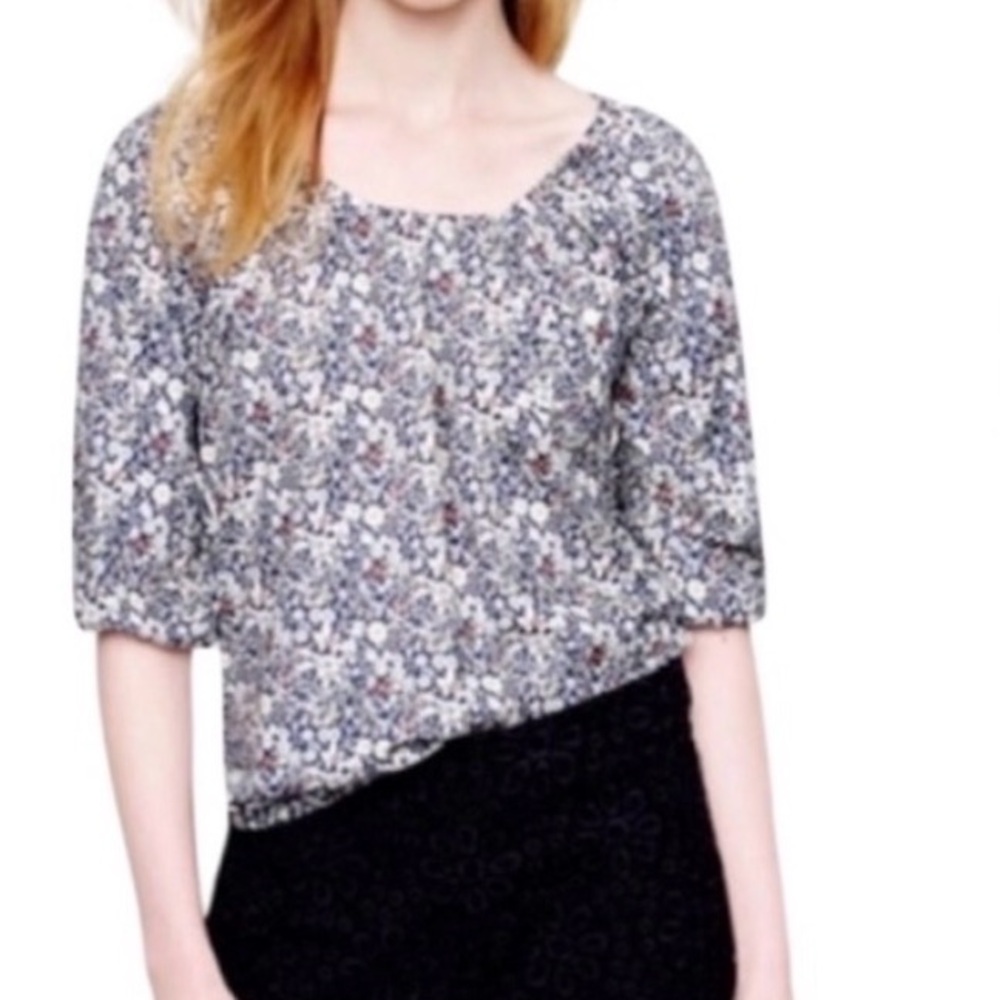 J. Crew Liberty Fabrics Blue and White Patterned Poets Blouse